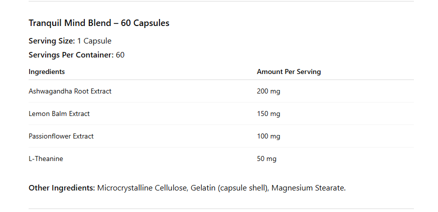 Tranquil Mind Blend supplement facts